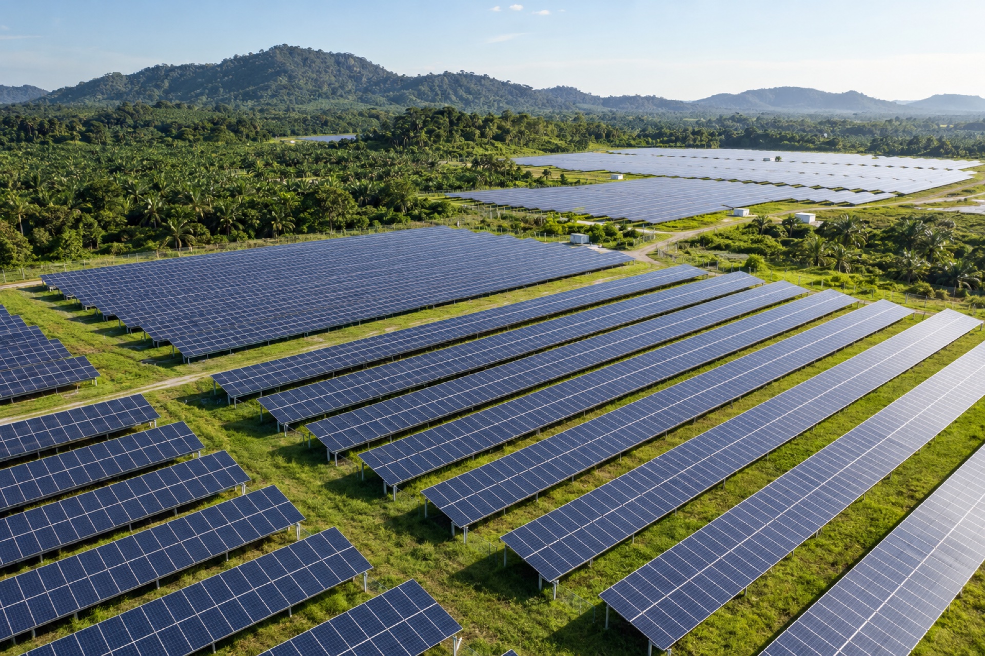 Illustrative solar farm in a tropical Malaysian landscape